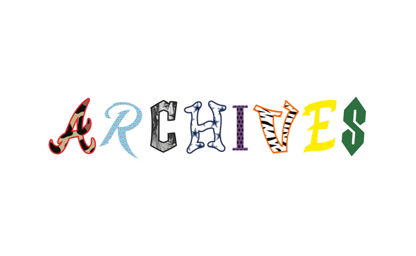 The word 'ARCHIVES' spelled out in colorful, patterned letters on a plain white background.